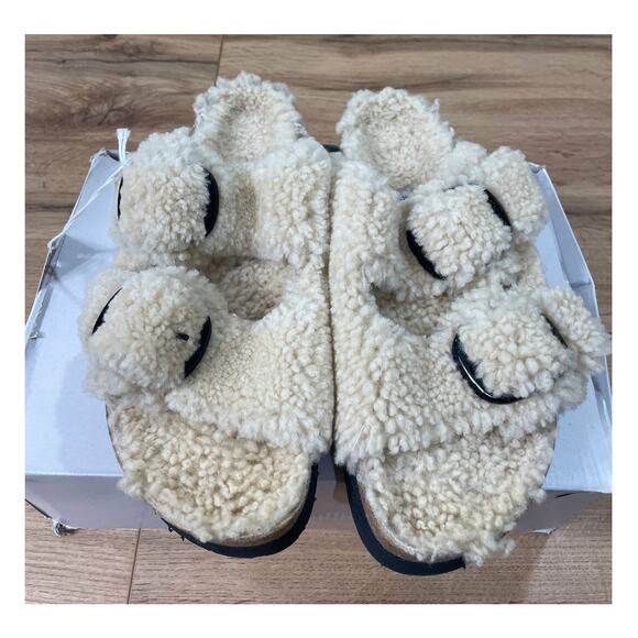 Papillio Arizona Big Buckle Shearling Lamb Slide Sandals Teddy Eggshell 10 L NIB - Picture 6 of 13